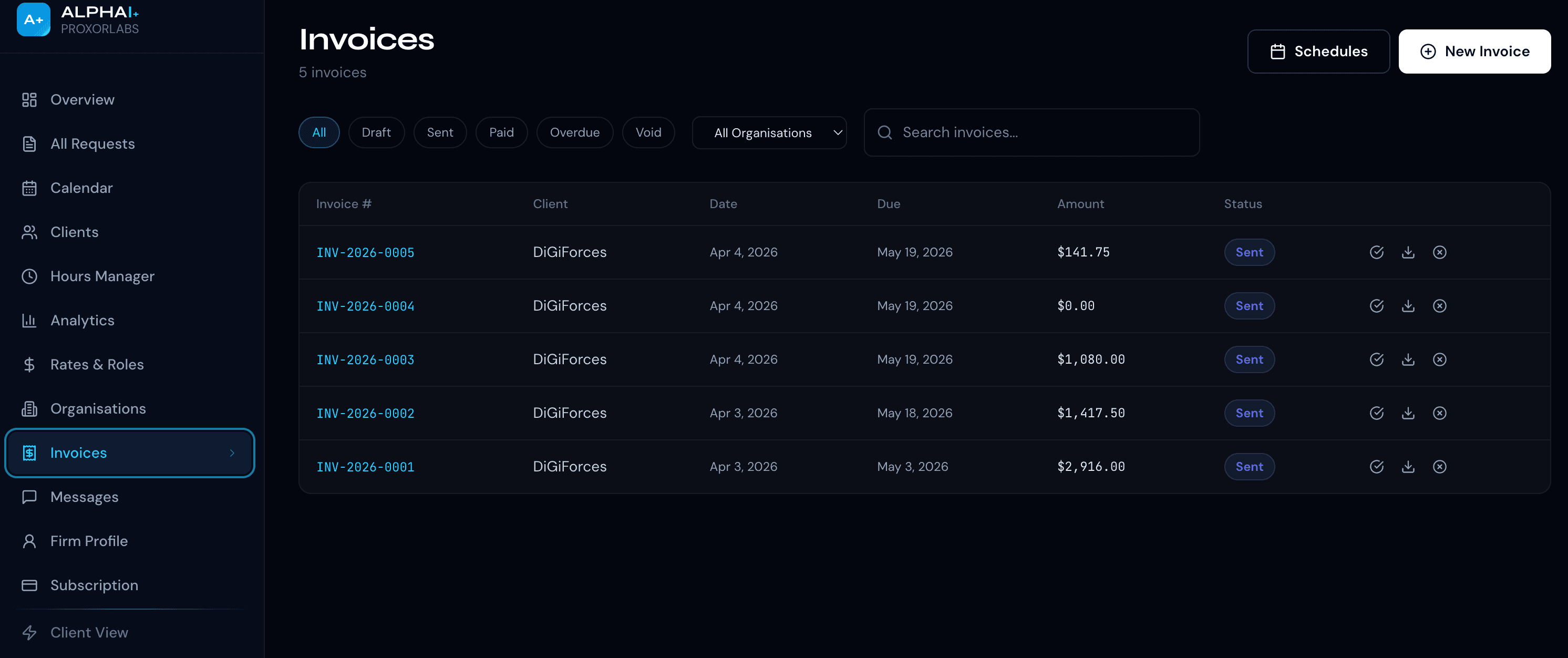 AlphaI+ invoices list - multi-currency invoicing with payment status and automated reminders